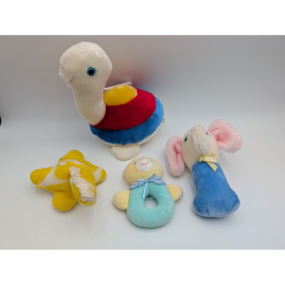 Eden Toys Plush Rattle Lot Multi Color Elephant Bear Giraffe Turtle Vintage